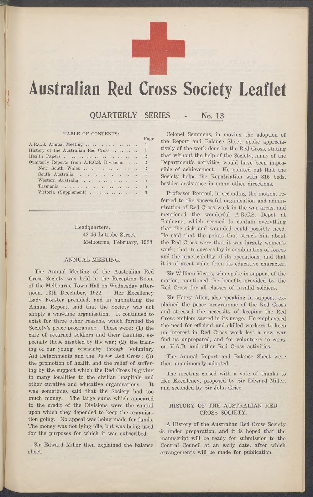 Australian Red Cross Society Leaflet - Quarterly Series No.13 (Includes Consitution of the Australian Red Cross Society)
