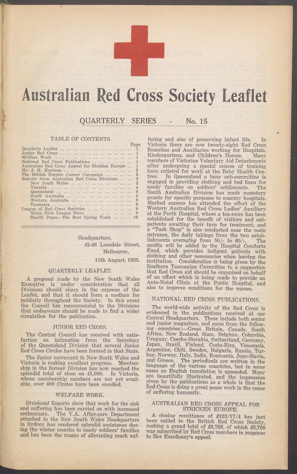 Australian Red Cross Society Leaflet - Quarterly Series No.15