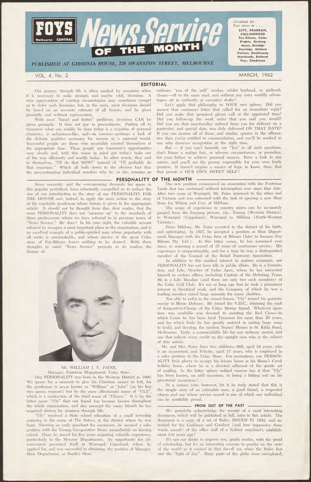 Foy's News Service of the Month March 1962