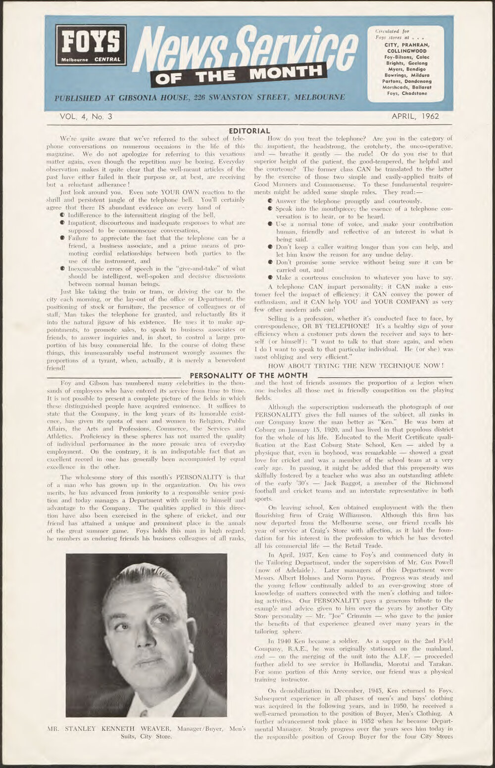 Foy's News Service of the Month April 1962