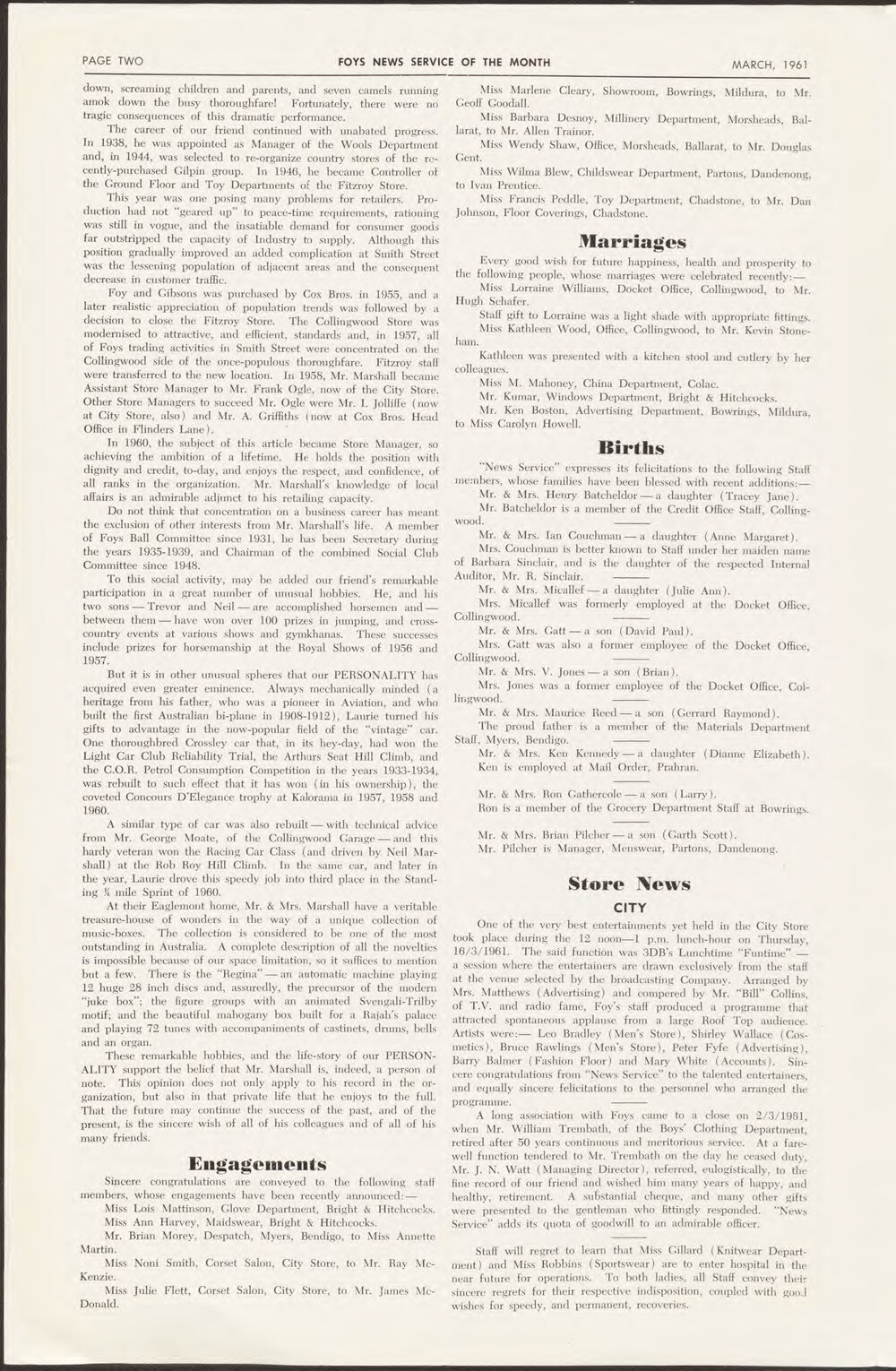 Foy's News Service of the Month March 1961