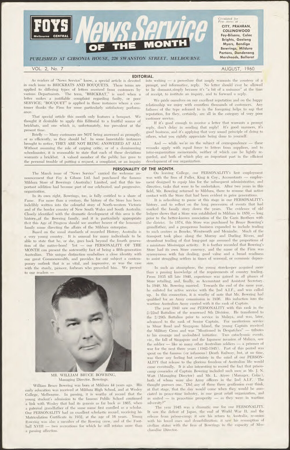 Foy's News Service of the Month August 1960