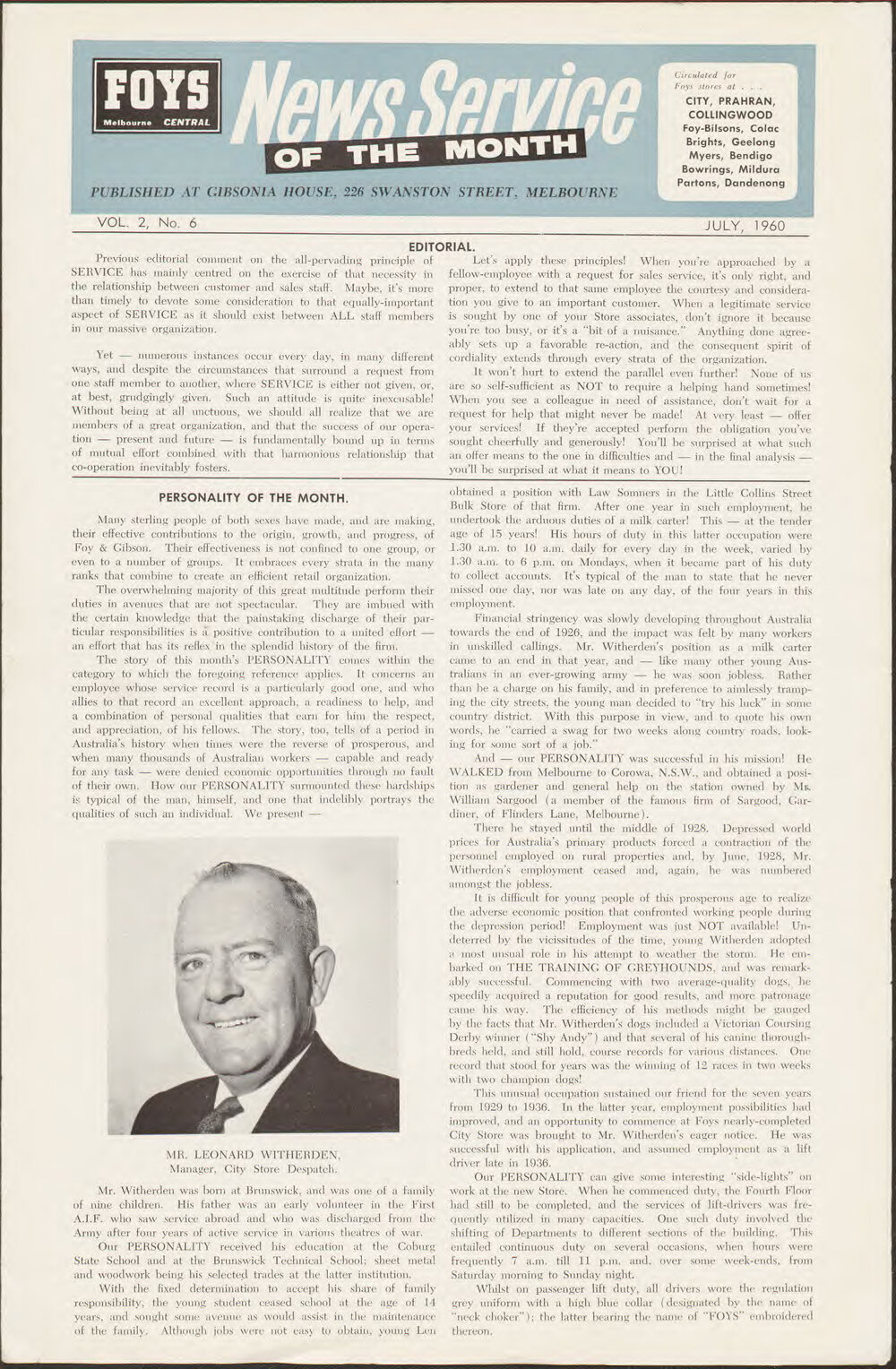 Foy's News Service of the Month July 1960