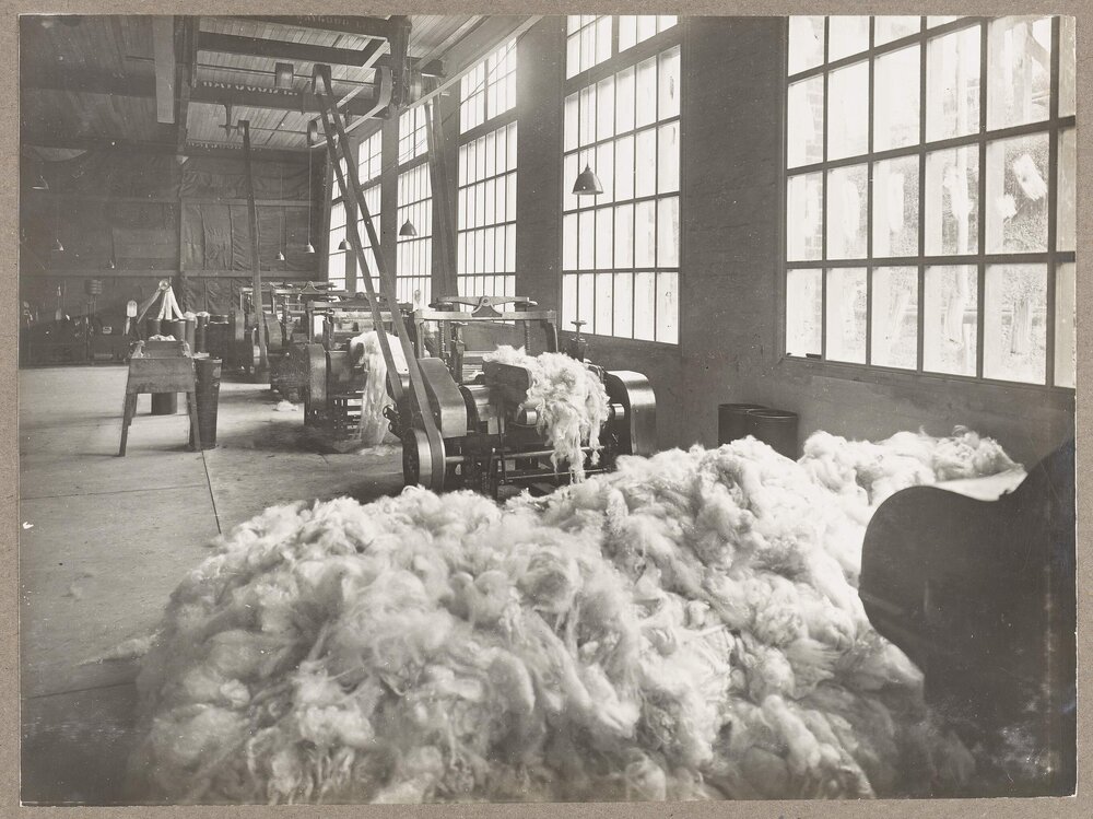 [Yarra Falls interior - unspun wool and machines]