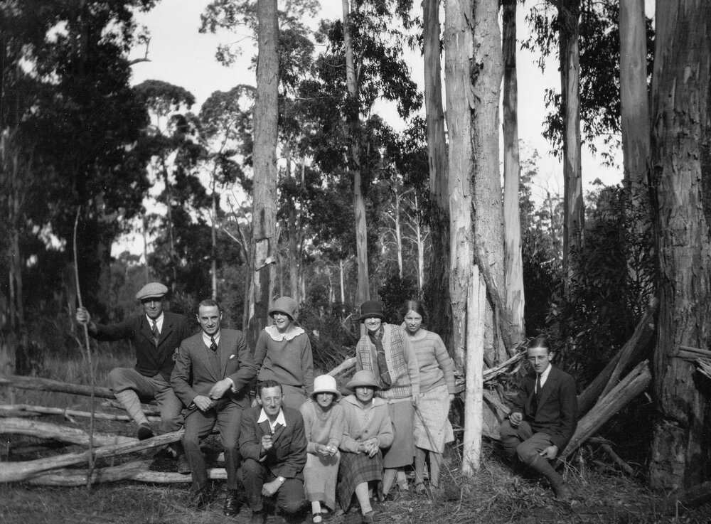 Group of men &amp; women at Belgrave, Victoria (Back: Mal, George Pearce, Ruth Ward, Ruth Wainwright, Dorothy Berry, Hall Berry