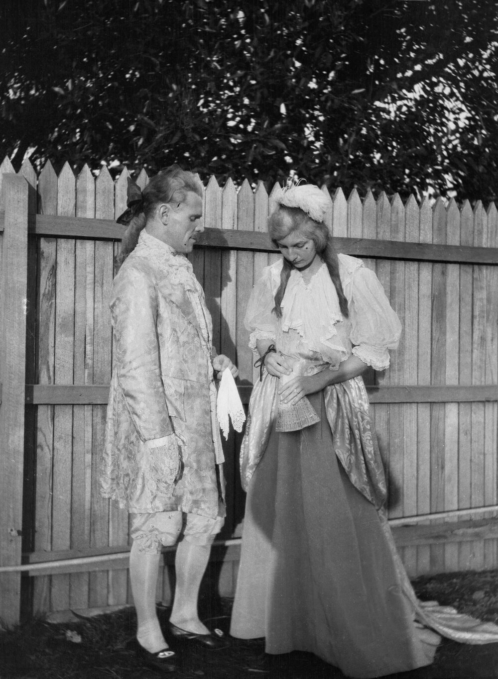 A woman and a man in period costume at "Heatherlea", 78 The Avenue, Royal Park, Victoria