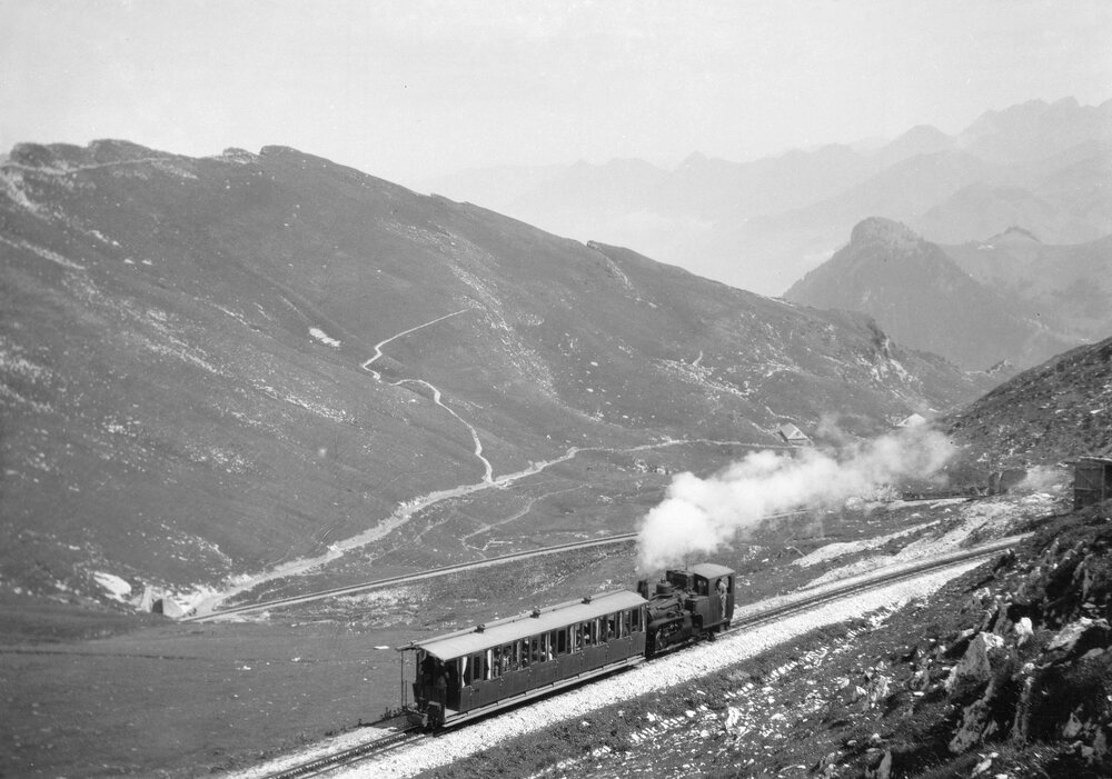 A train and mountain scenery near Rochers-de-Naye, Orgevaux or Blonay, Switzerland