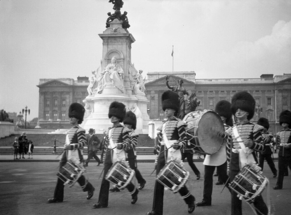 A view of a changing of the guard ceremony at Buckingham Palace, London, England
