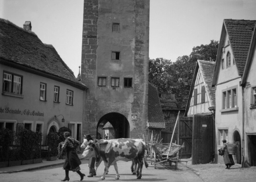 An unidentified street scene in Rothenburg, Dinkelsbuhl or Wurzburg, Bavaria, Germany