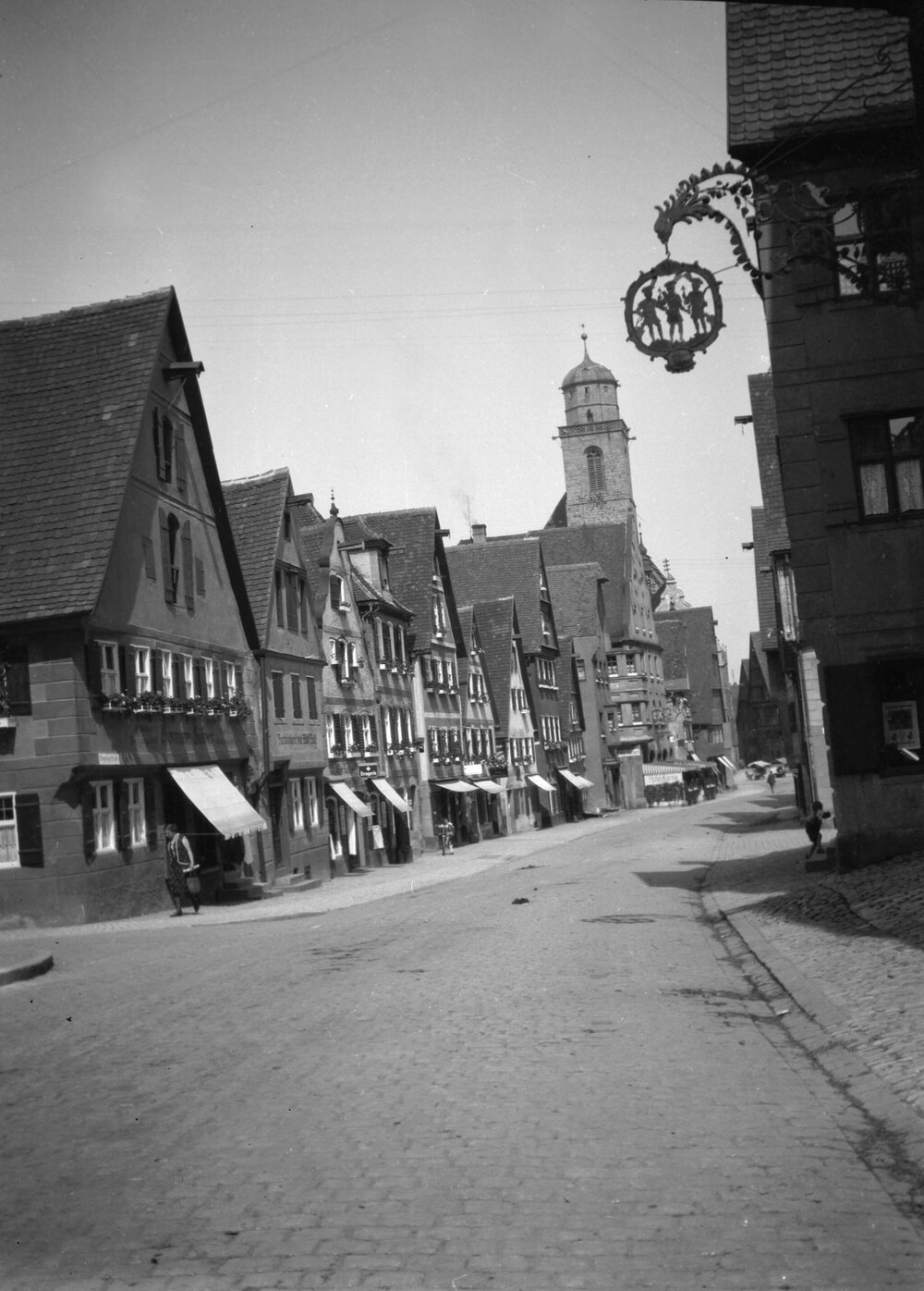 An unidentified street scene in Rothenburg, Dinkelsbuhl or Wurzburg, Bavaria, Germany