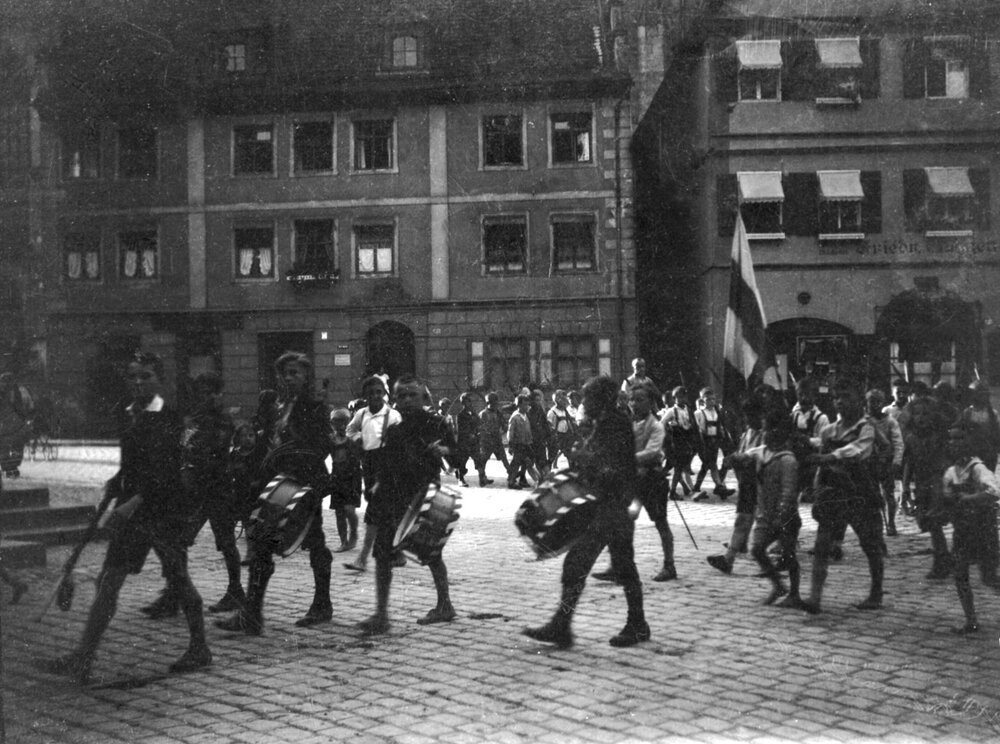 Boys in a marching band in Rothenburg, Dinkelsbuhl or Wurzburg, Bavaria, Germany