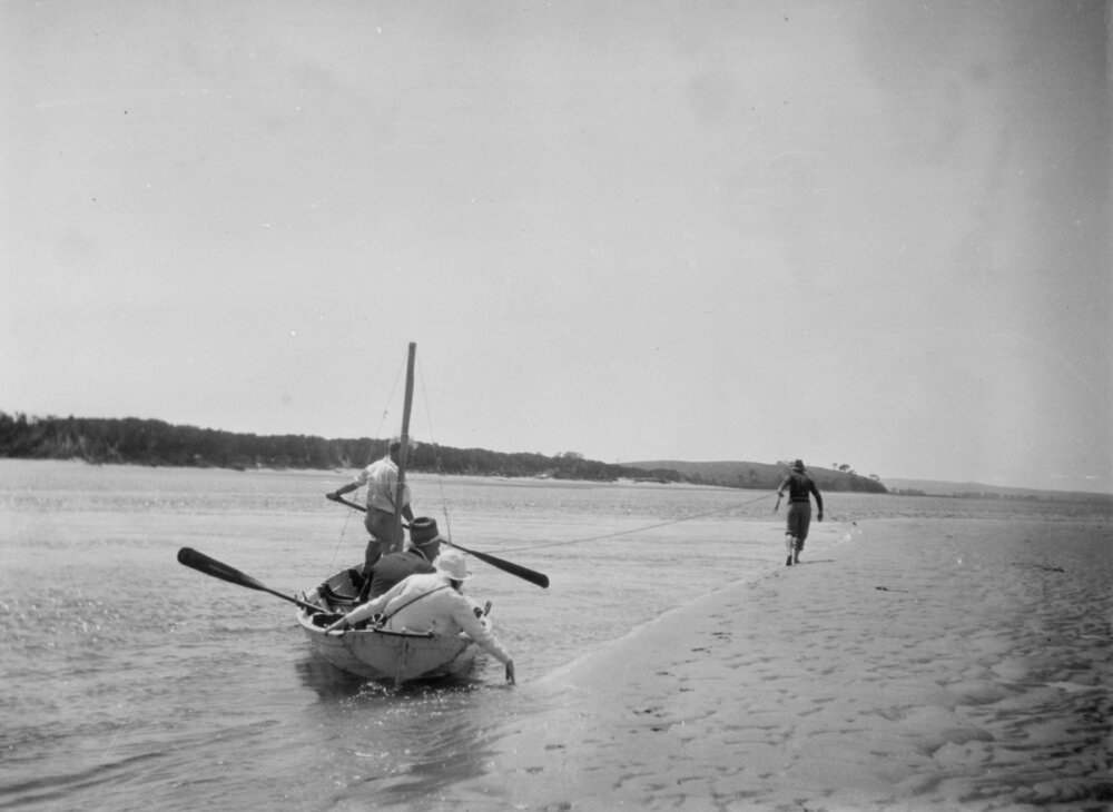 Sandbank in Anderson's Inlet Inverloch [South Gippsland, Victoria] Jan 1931 Grace Langley, Canon L, Phil &amp; Charlie L pulling