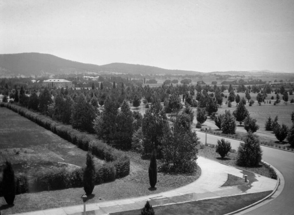 A view of part of Canberra, possibly from the entrance of the original Parliament House
