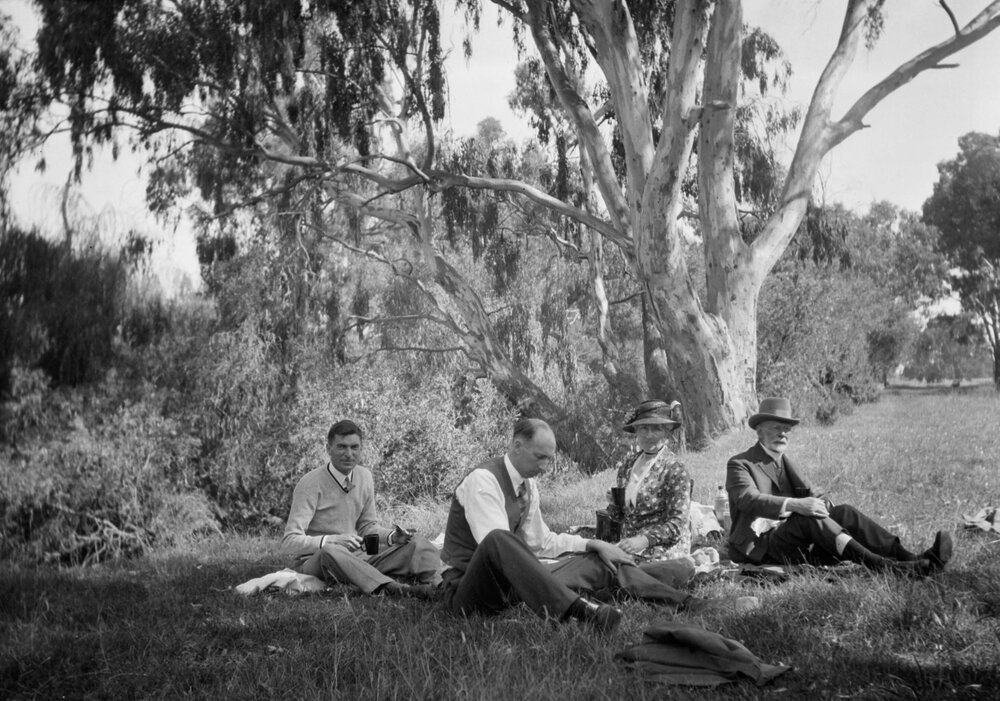Lunch beside the Ovens near Everton.  C.E.H. Reg Must, Mrs Must, Mr Must. Easter 1934