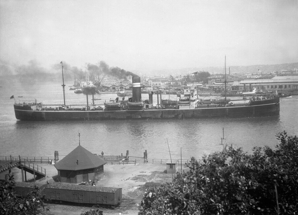 An unidentified ship under steam, possibly in Fremantle, Western Australia