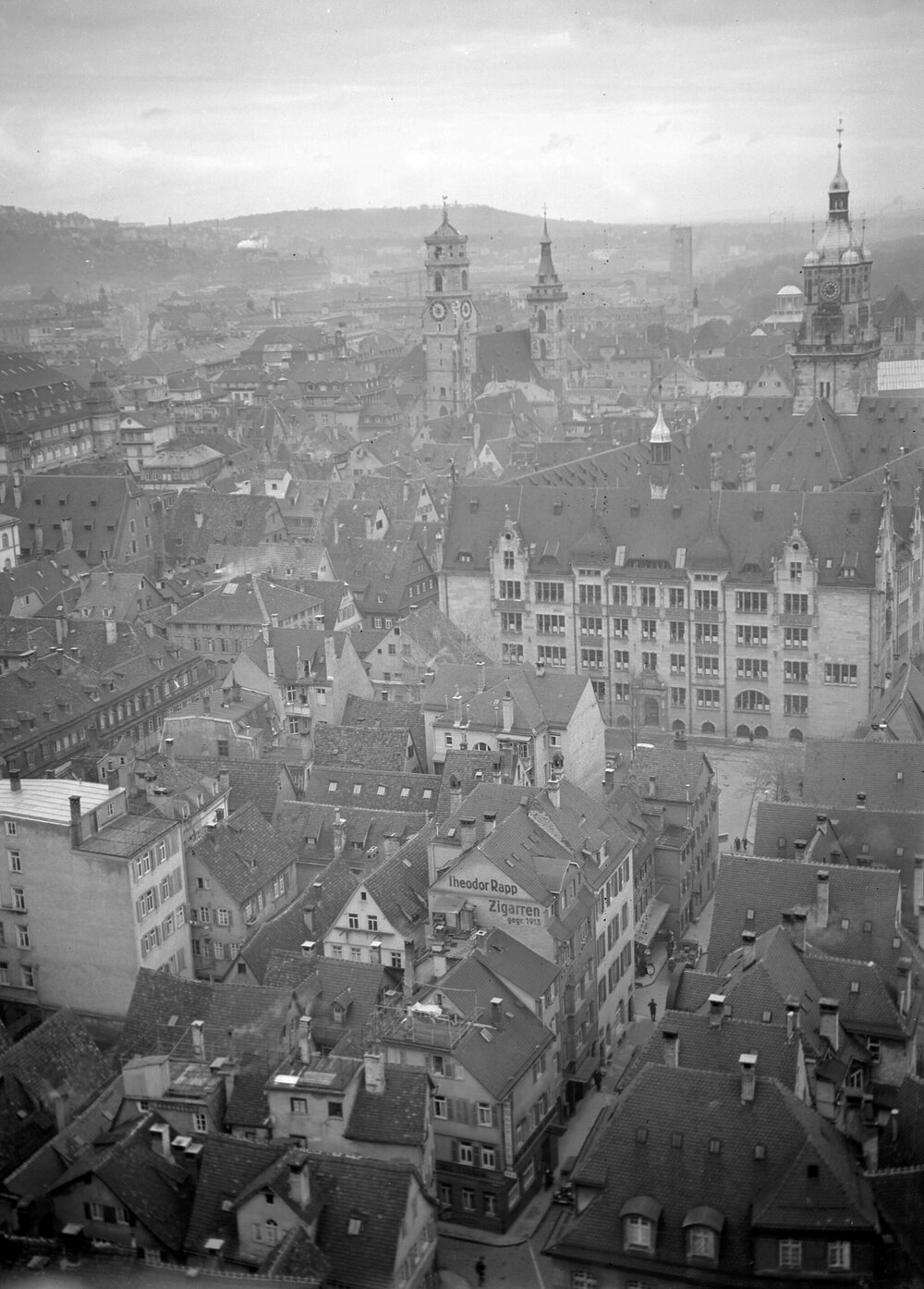 A view of part of Ulm, Germany, from an upper level of Ulm Munster