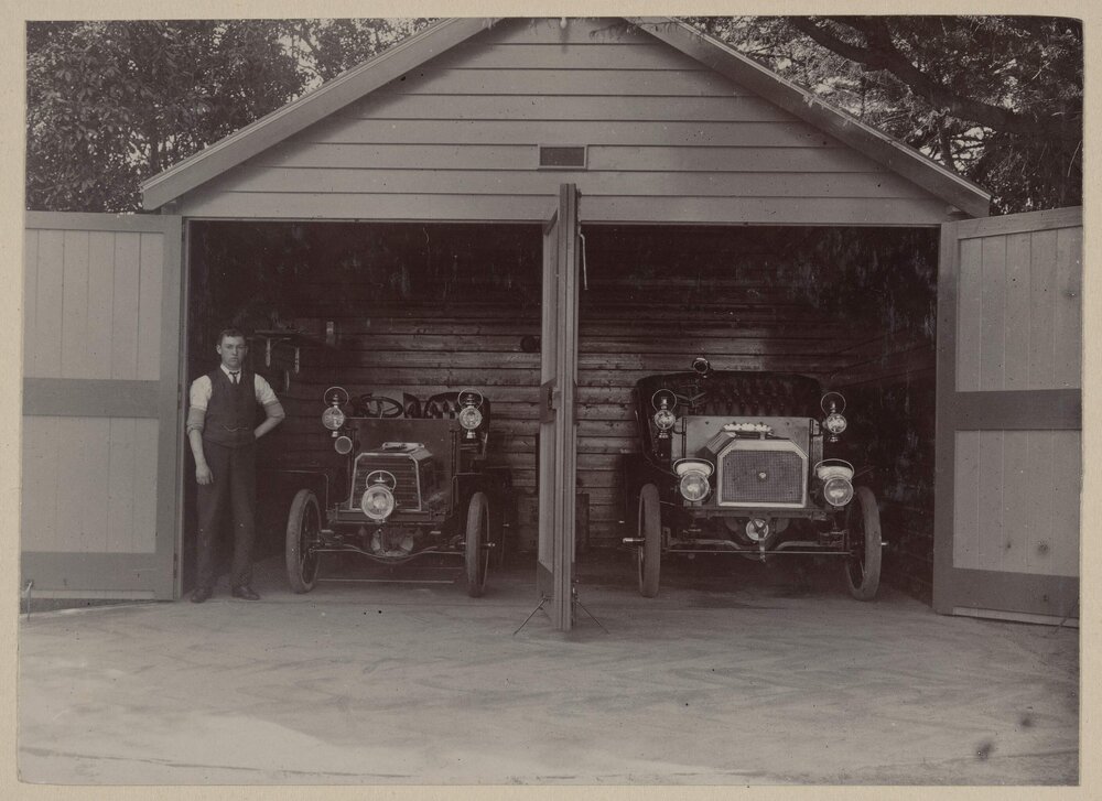 Cars and garage at Harleston, Caulfield, Victoria