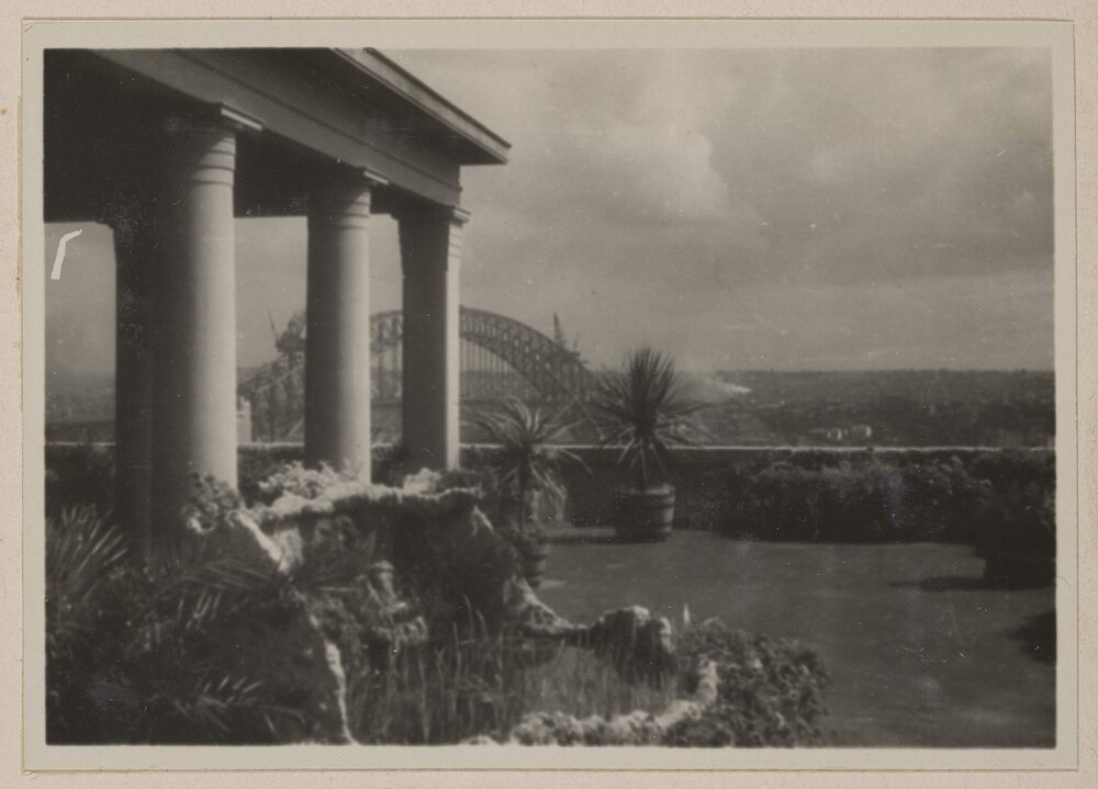 [View from lookout of Sydney Harbour Bridge under construction]