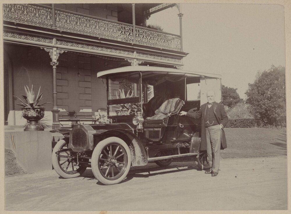 Frederick Sheppard Grimwade and car at Harleston, Caulfield,  Victoria