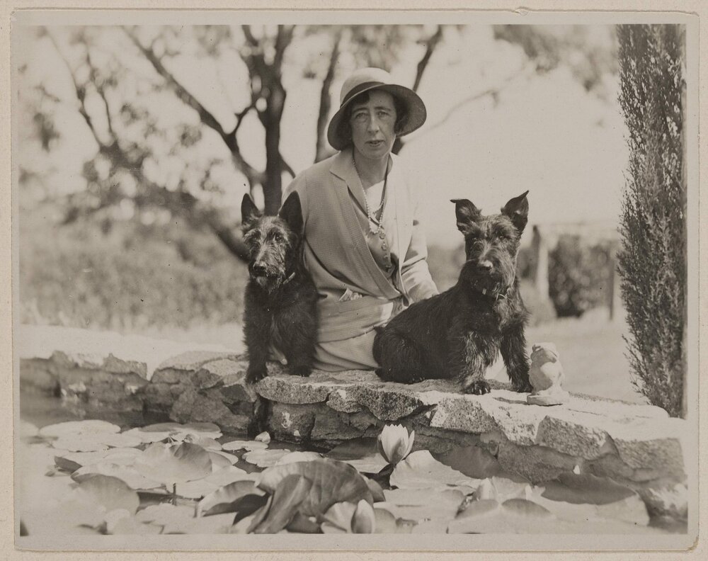 [Mab and her Scottish Terriers seated at lily pond,] Westerfield