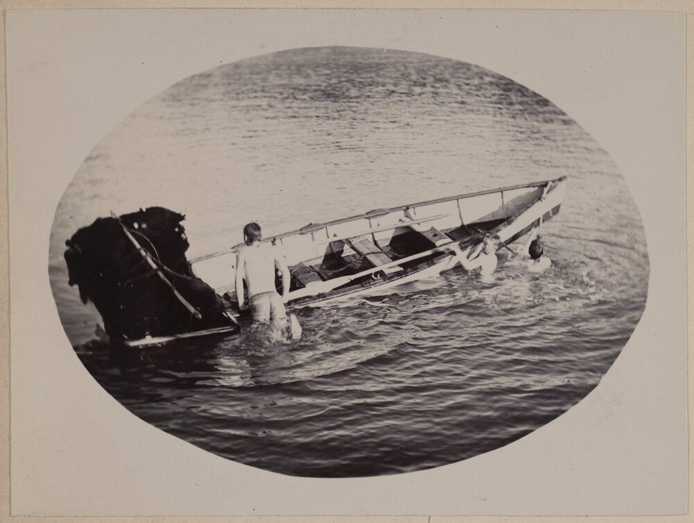 [Boys in water with row boat, Portsea]