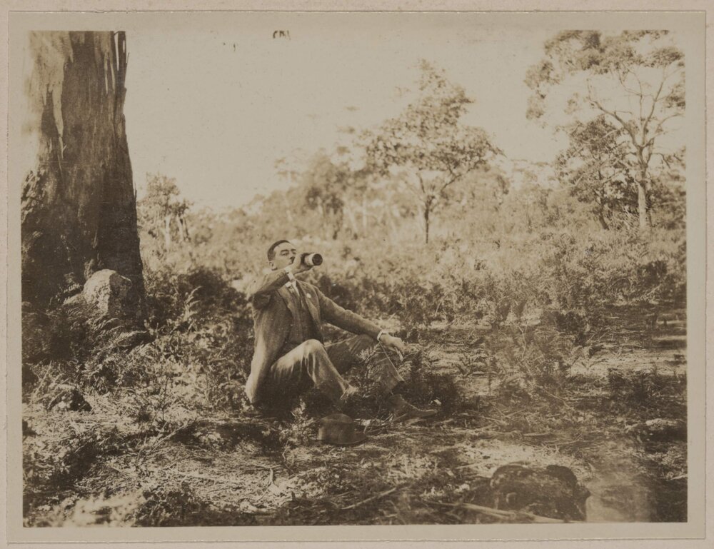 [Man seated beneath tree drinking from bottle], The Stony Rises