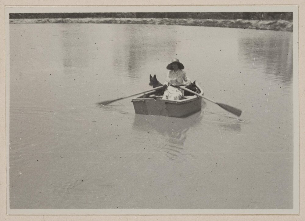 [Mabel Grimwade in row boat with her dogs] Westerfield