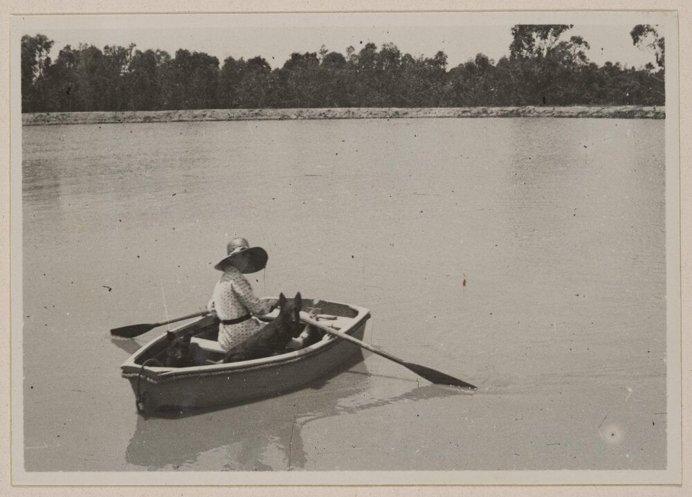 [Mabel Grimwade in row boat with her dog] Westerfield