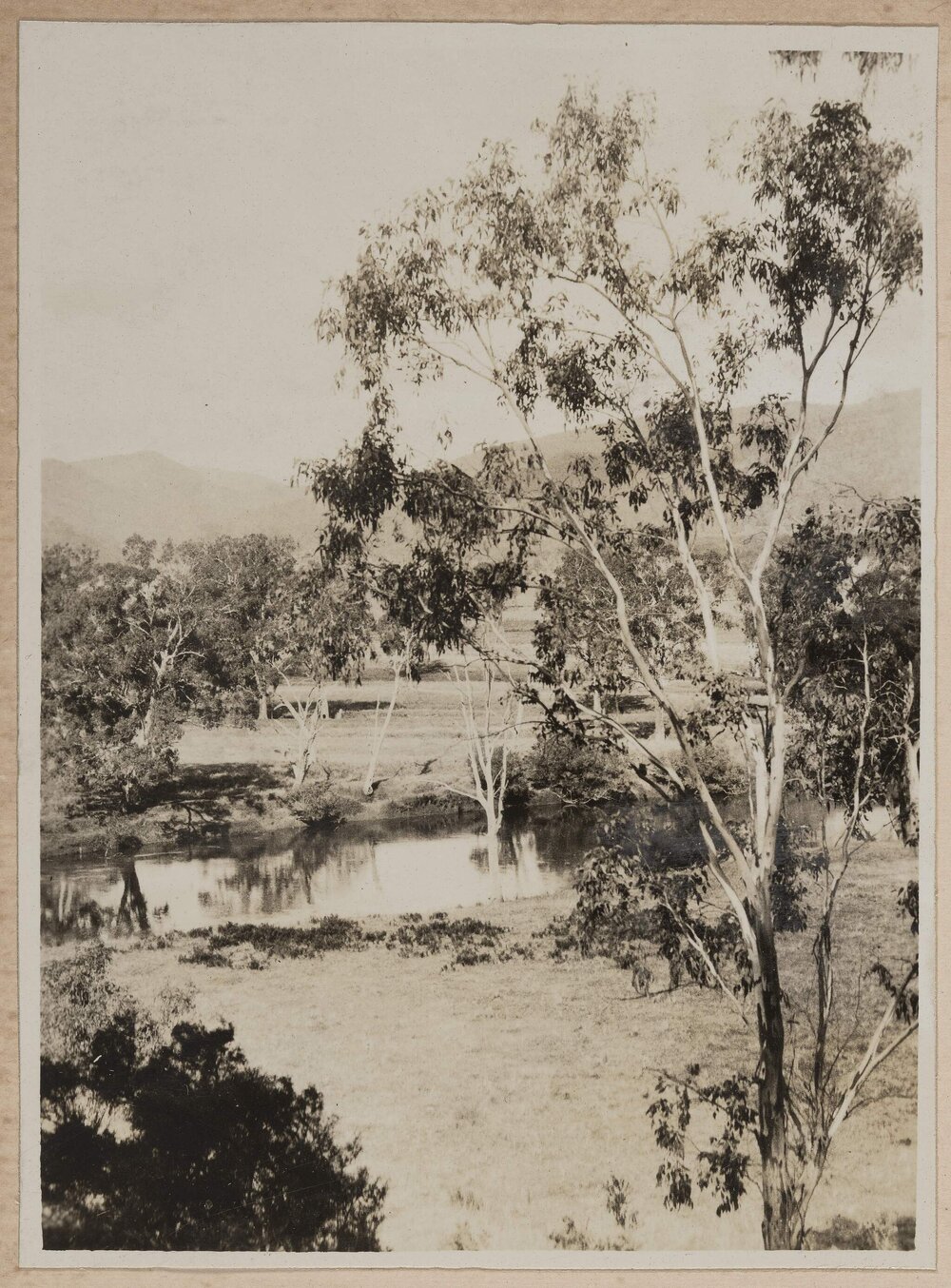 [View of river with mountain in background]