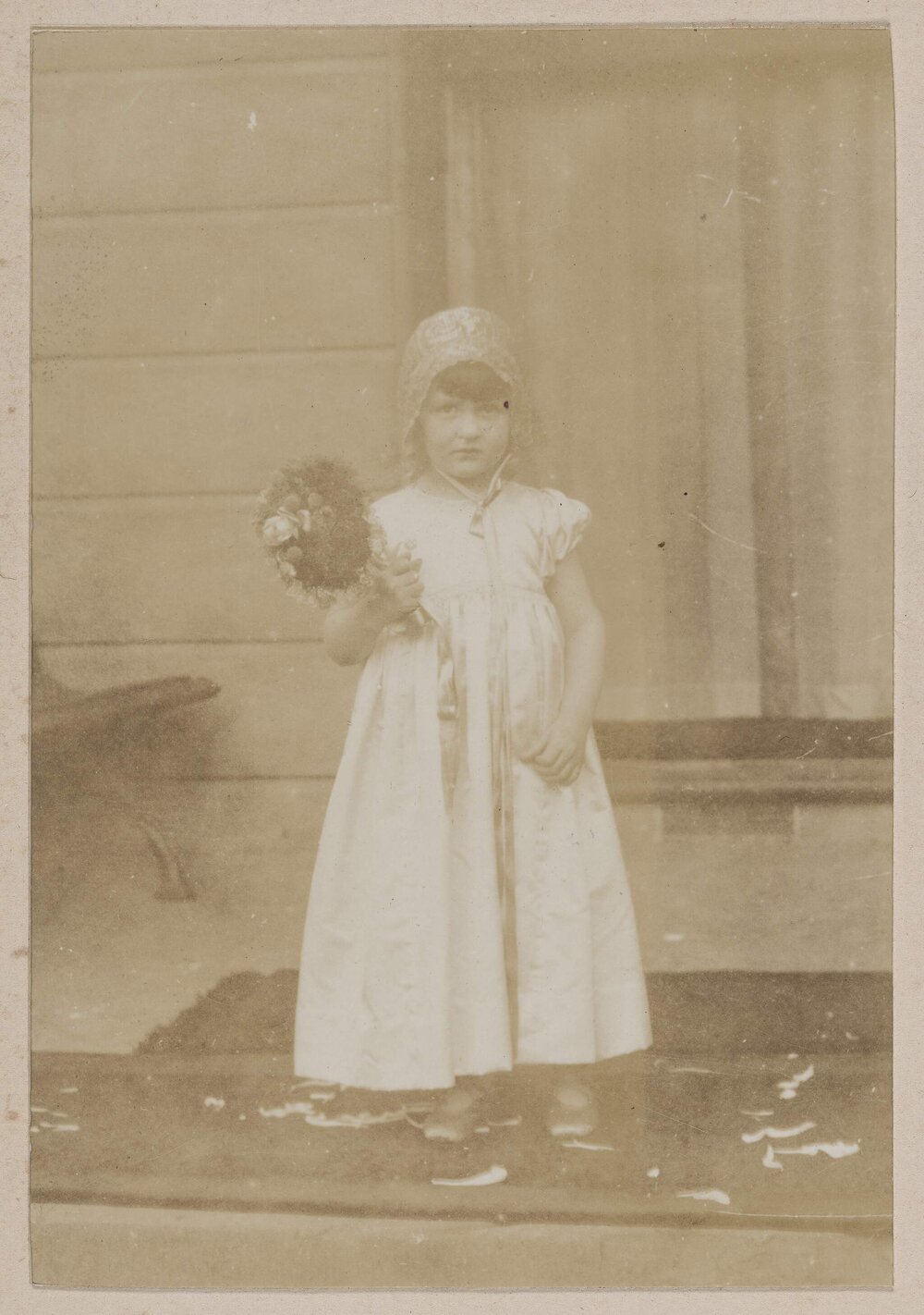 [Young girl in flowergirl dress at Minjah, Hawkesdale, Victoria]