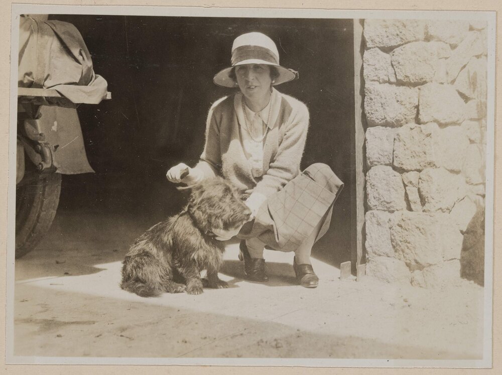 [Woman in crouched posed next to terrier dog]