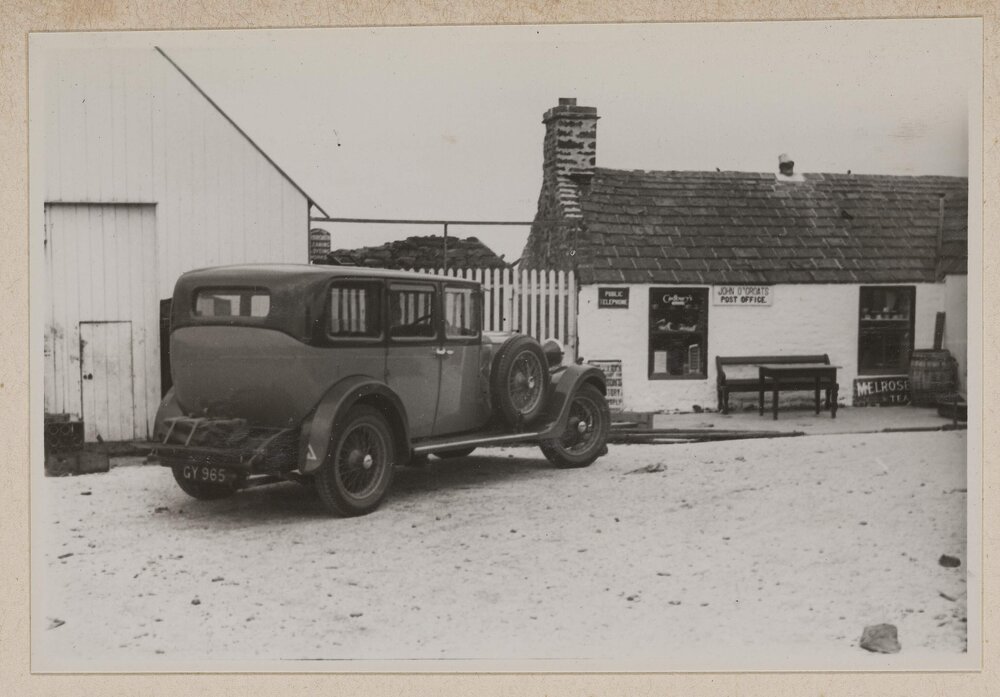 [Motor car outside John O'Groats Post Office, Scotland]