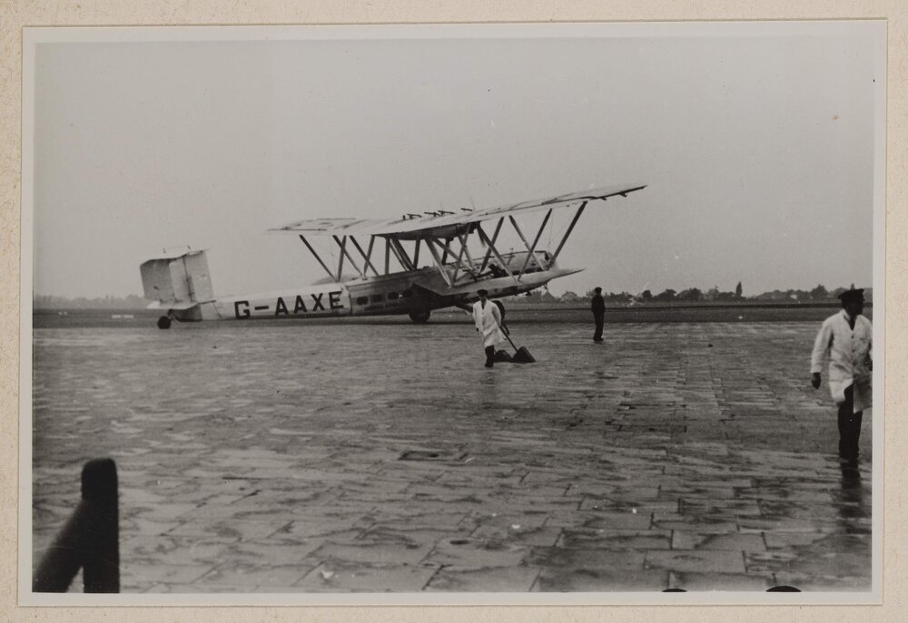 [Biplane at Croydon Airport, England]