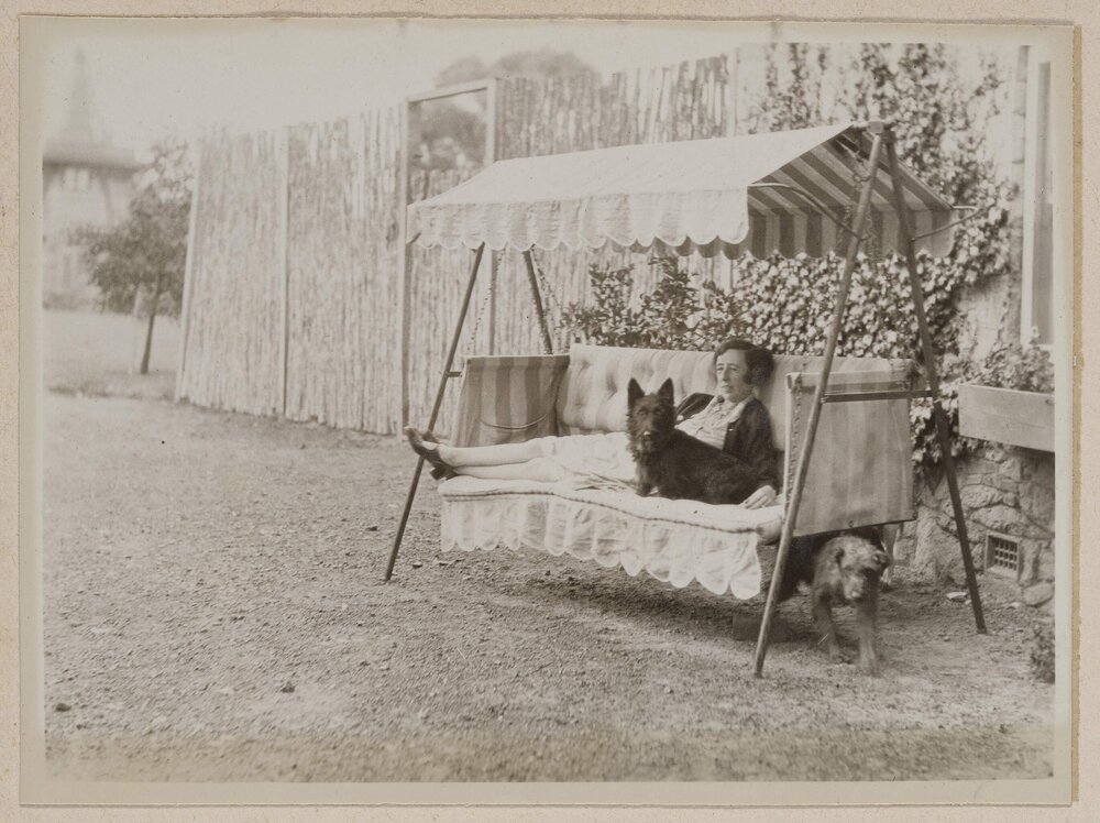 [Woman and terrier dog posed in outdoor swing chair]