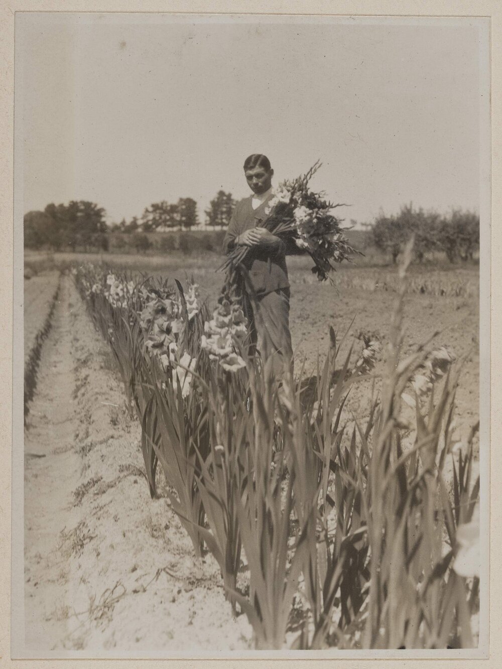 [Man holding bunch of flowers posing next to flower garden]