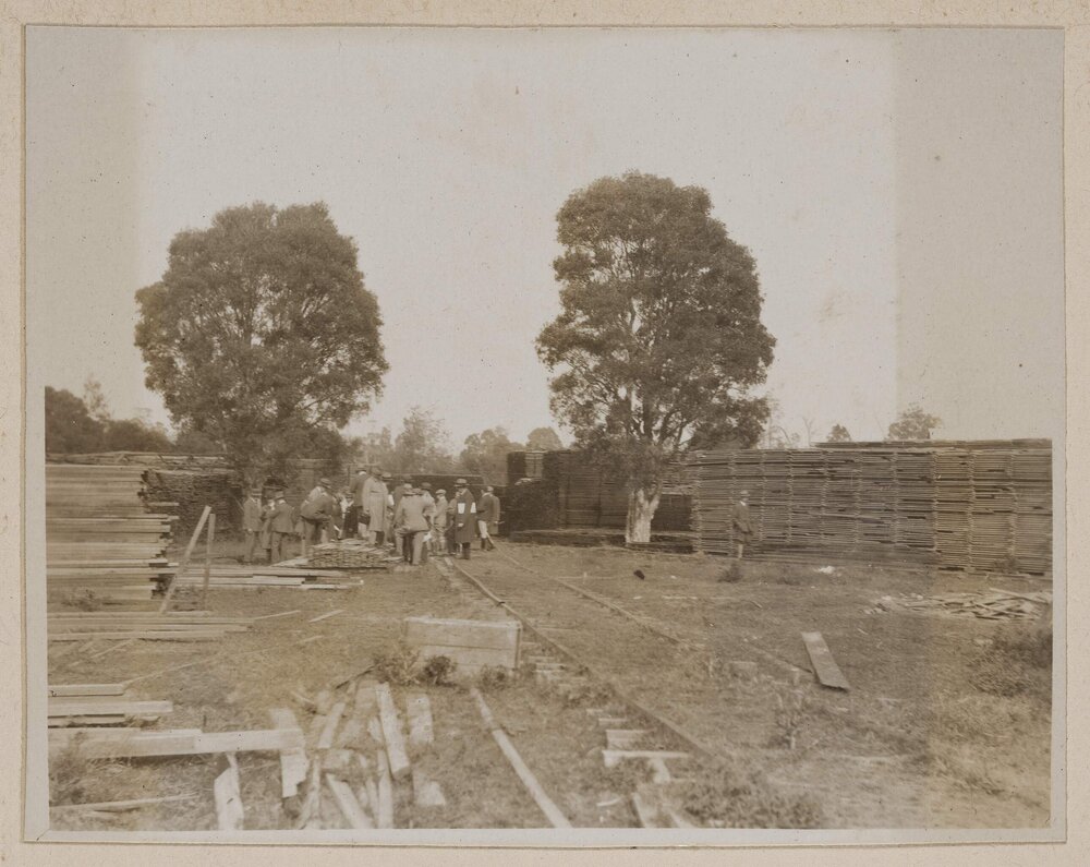 [Crowd gathered at sawmill]