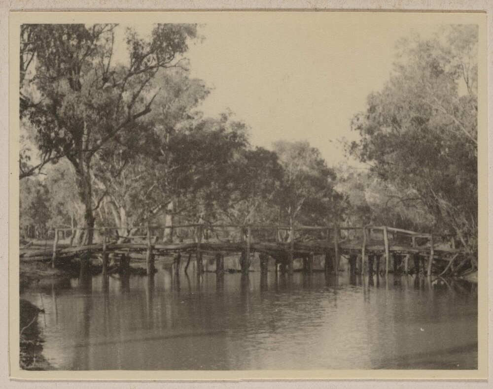 [Timber bridge across a river at Tupra Station near Hay, New South Wales]
