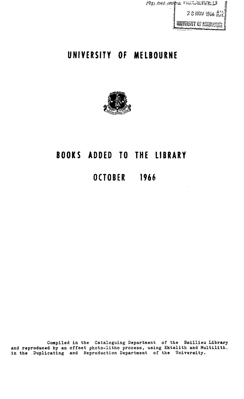 Books  added to the Library October 1966