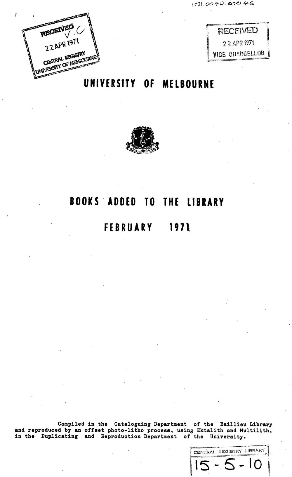 Books  added to the Library February 1971