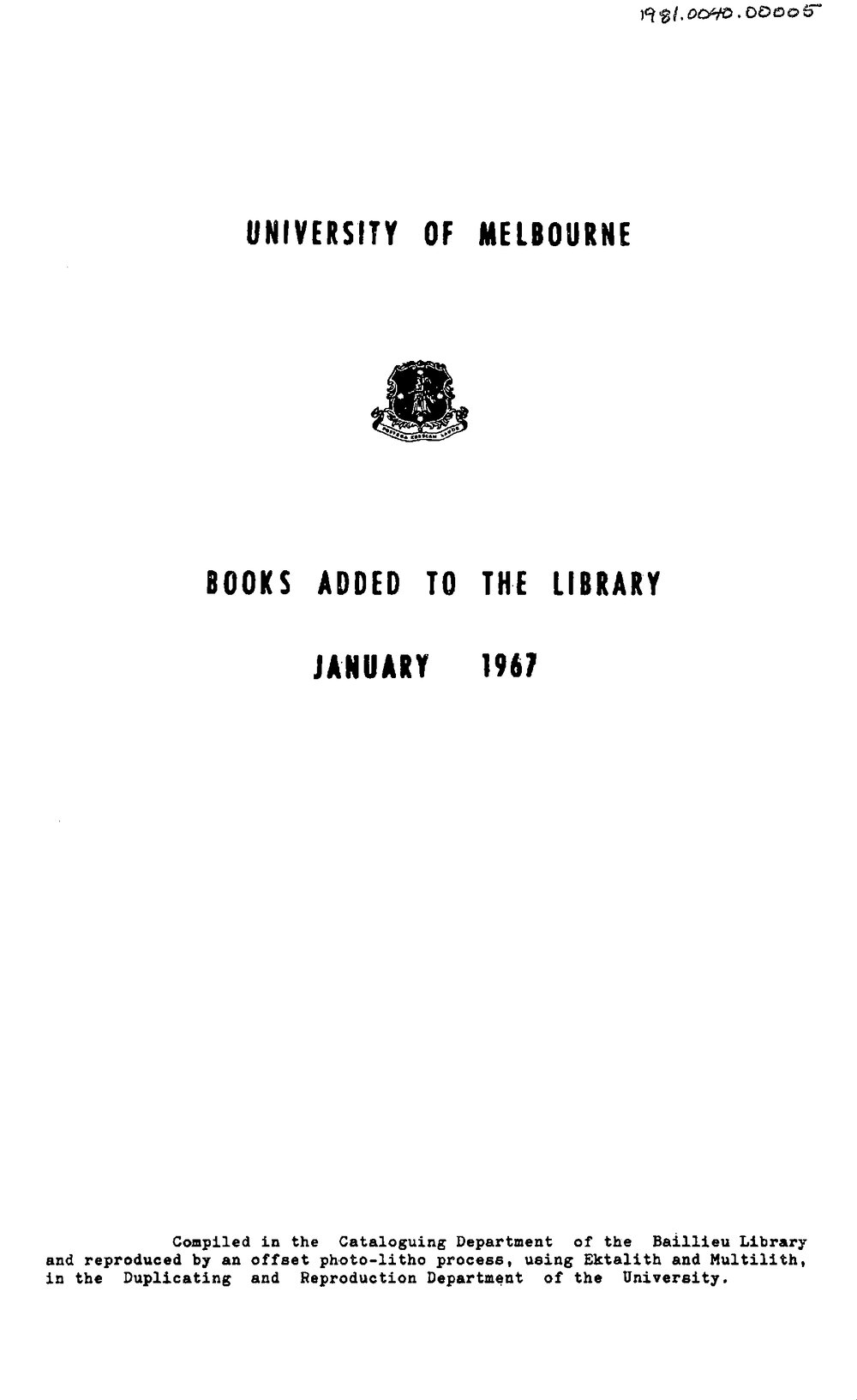 Books  added to the Library January 1967