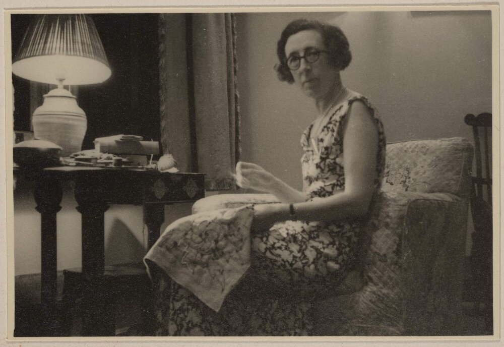 [Mabel Grimwade working on a textile craft piece at Westerfield]