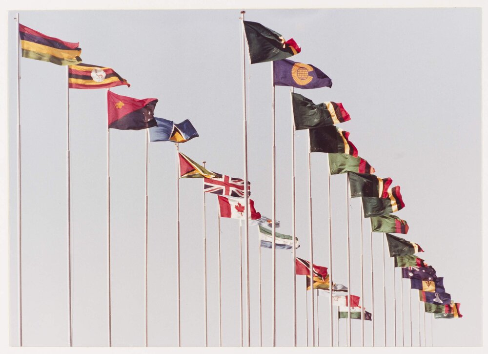 [Commonwealth flags flying during a visit by Malcolm Fraser to Nigeria]