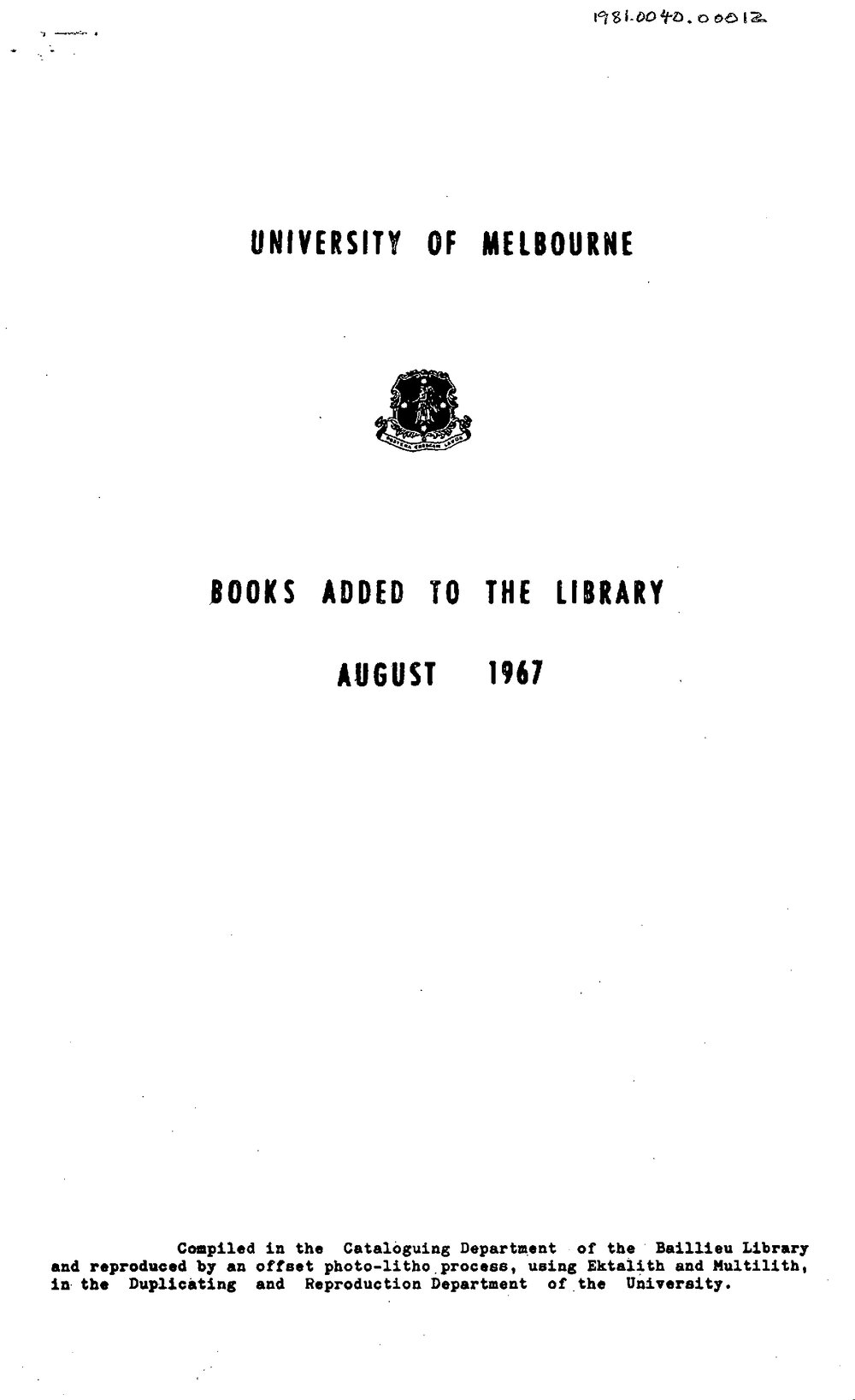 Books  added to the Library August 1967