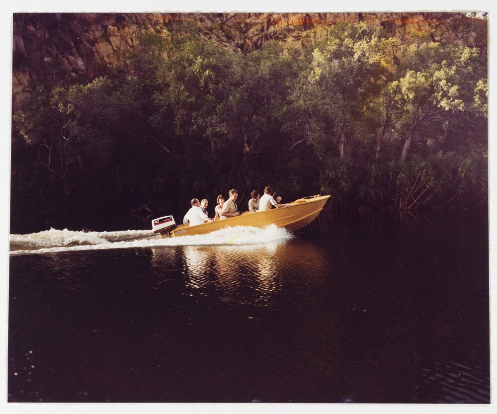 [Malcolm and Tamie Fraser and others in a tinnie during a visit to the Northern Territory]