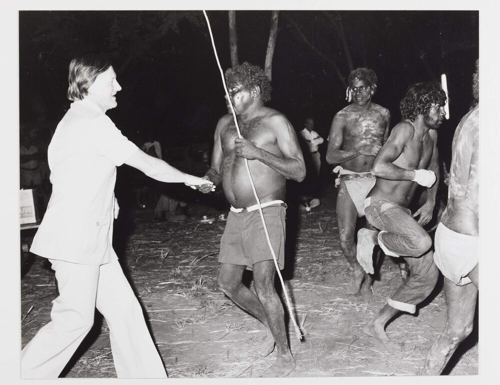 [Unidentified men, including Aboriginal Australians, at a ceremony during a visit to the Northern Territory]
