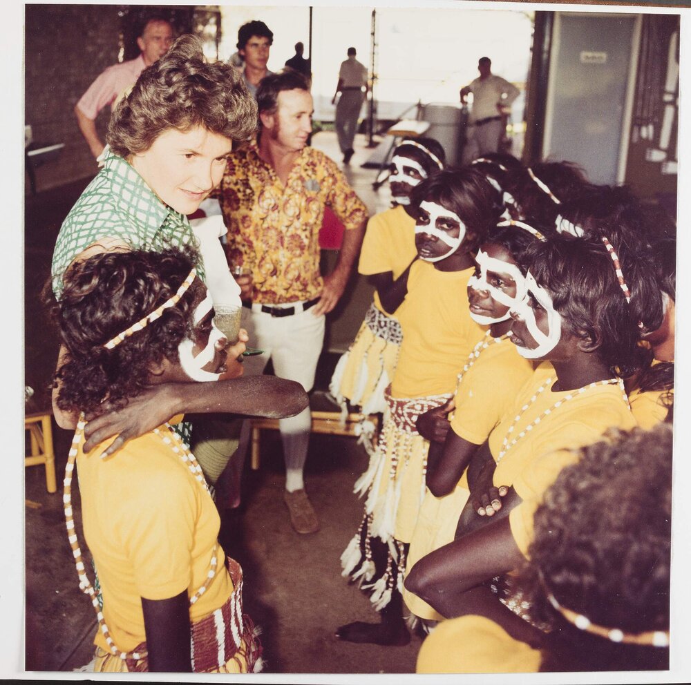 [Tamie Fraser with a group of Aboriginal Australian children during a visit to the Northern Territory]