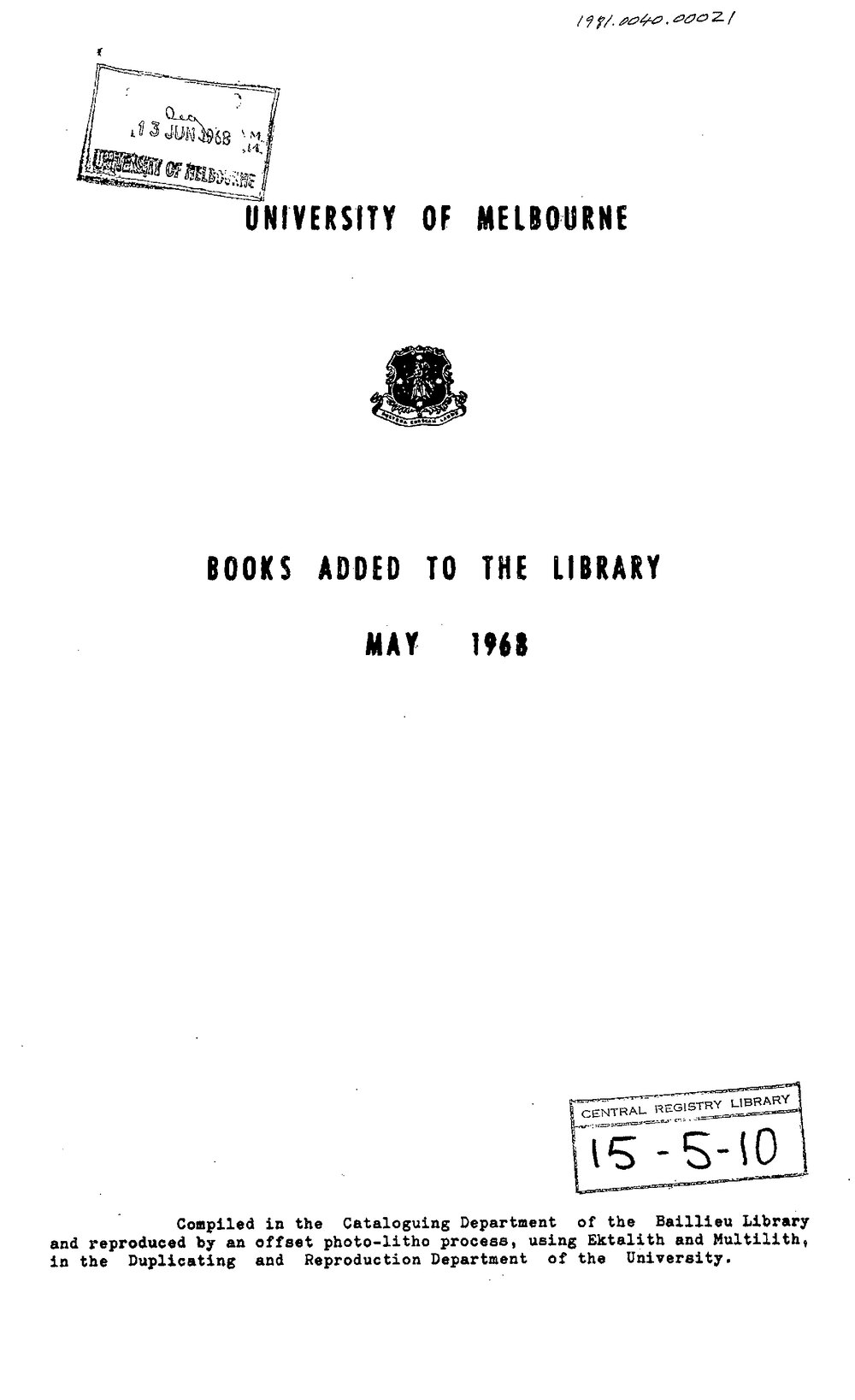 Books  added to the Library May 1968