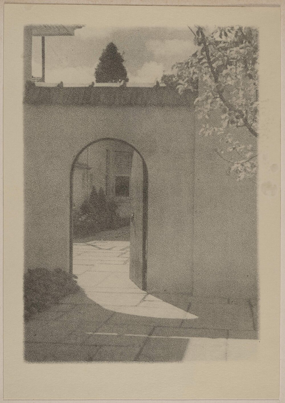[Stone garden wall with arched doorway,] Seven Creeks 