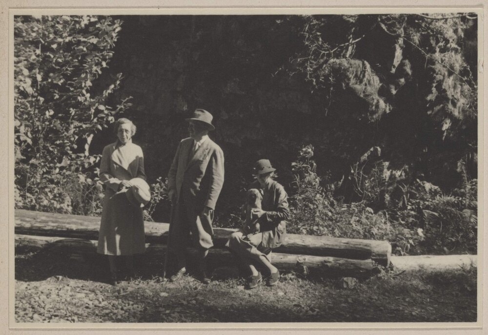 [Mabel Grimwade [left) and companions in a forest in Austria]