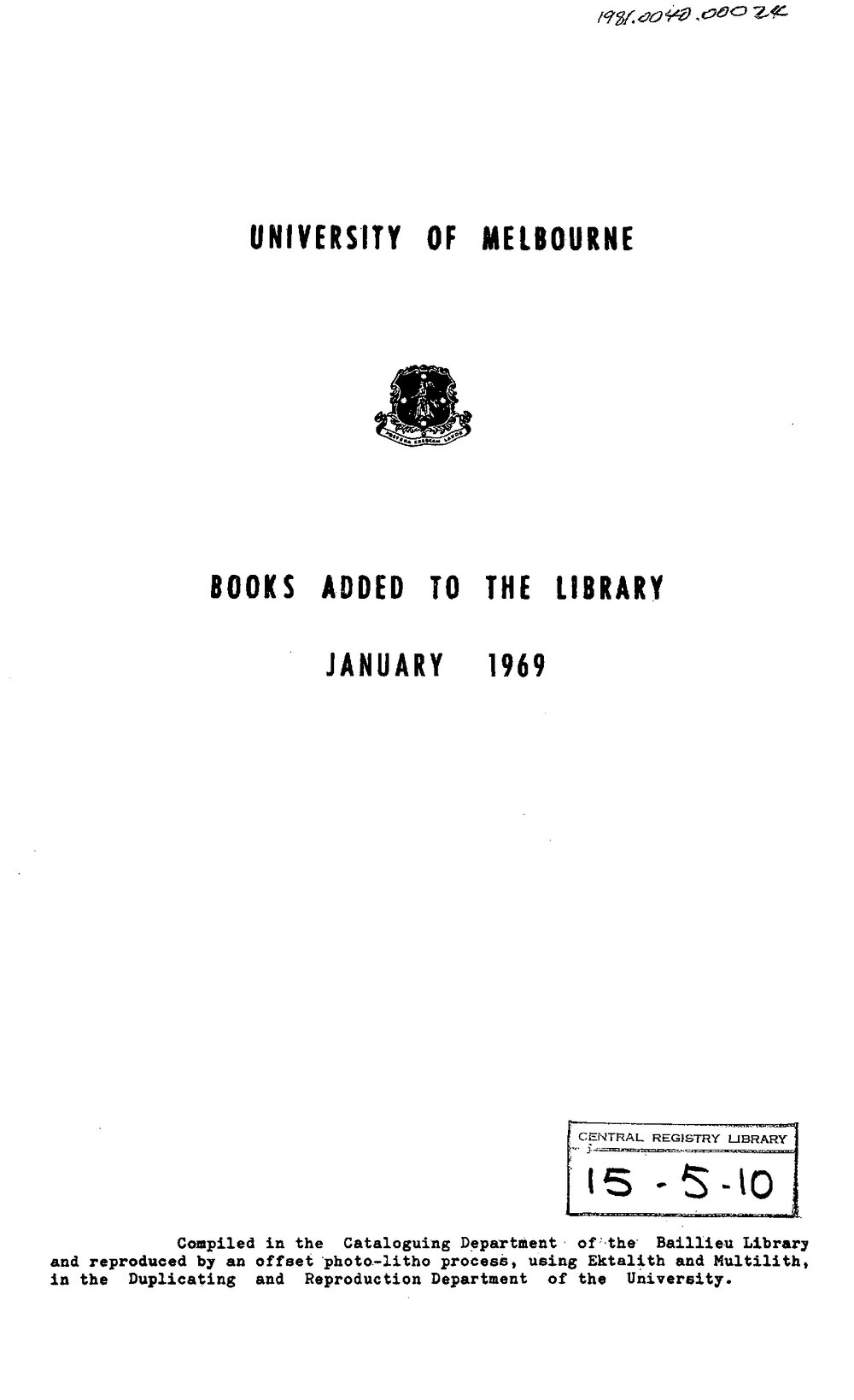 Books  added to the Library January 1969